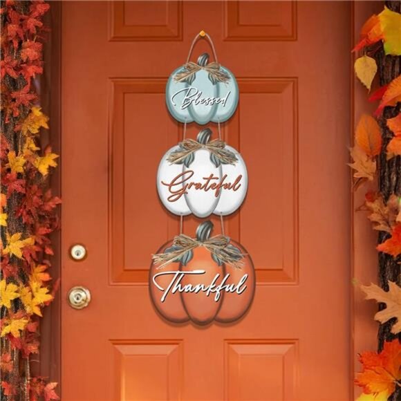 3 Pieces Fall Door Sign Pumpkin Decor Grateful Thankful Blessed Wall Signs - Picture 3 of 8